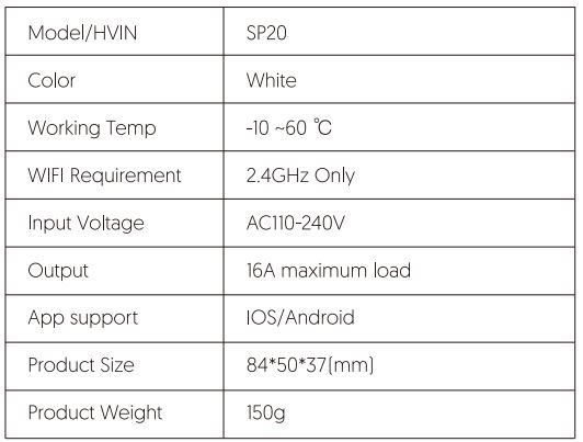 TECKIN SP20 Smart WiFi Plug Manual del usuario - Especificaciones principales