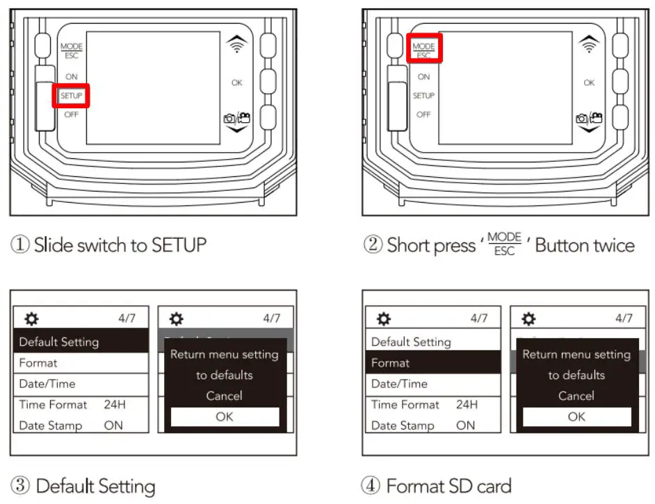 Victure HC500 Trail Cámara Manual de Usuario - Cómo restablecer la cámara y formatear la tarjeta SD