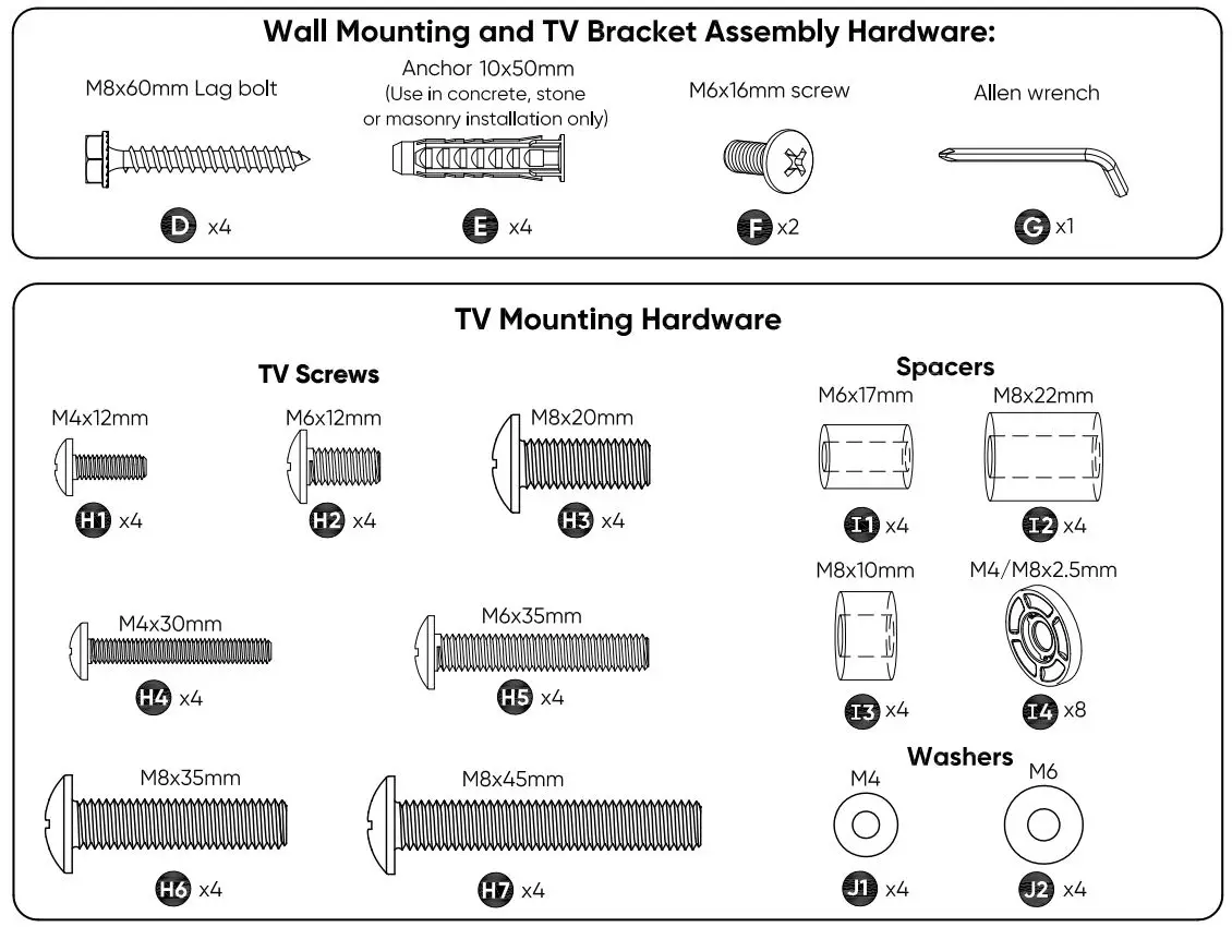 onn 100027961 50-Inch Full Motion TV Wall Mount User Guide - Hardware de montaje del televisor