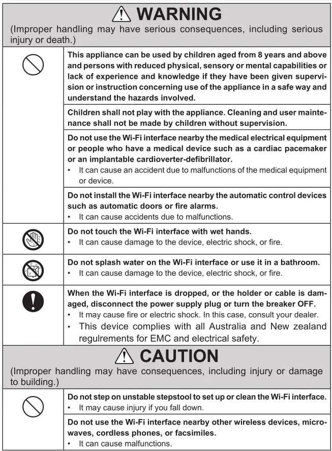 Acondicionadores de aire tipo split Mitsubishi Electric - Para interfaz Wi-Fi - Advertencias y precauciones